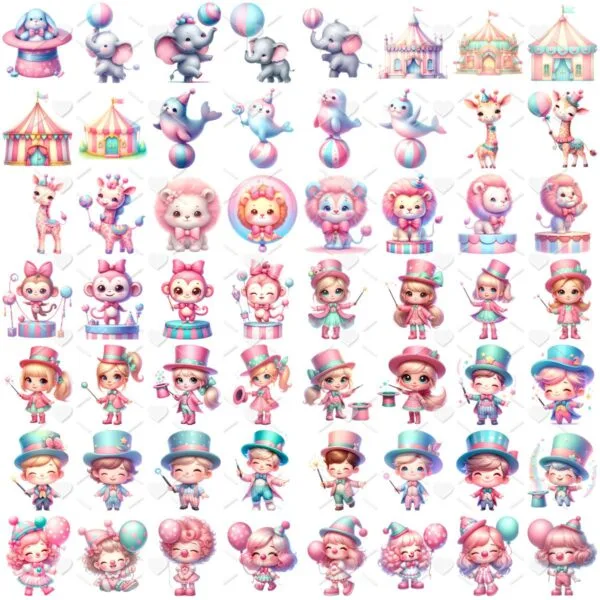 Kit Digital Circo Rosa Menina Baby Png Ilustrações 3D Fofo