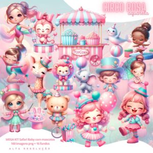 Kit Digital Circo Rosa Menina Baby Png Ilustrações 3D Fofo
