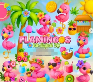 Kit Digital com Tema Flamingos em PNG para Artes