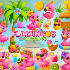 Kit Digital com Tema Flamingos em PNG para Artes