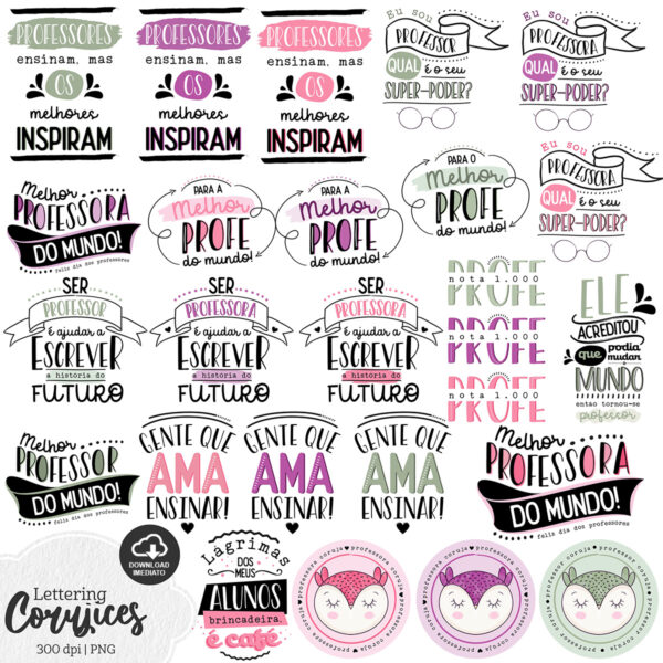 Kit Digital Corujices Lettering Dia dos Professores Frases
