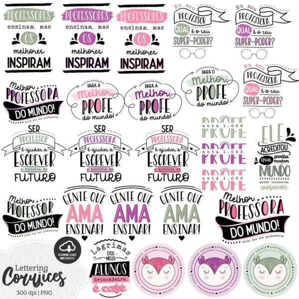 Kit Digital Corujices Lettering Dia dos Professores Frases
