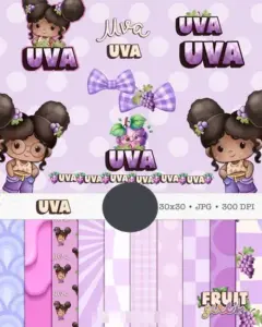 Kit Digital Cute Bonequinha com Uvas em Aquarela PNG