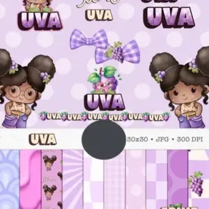 Kit Digital Cute Bonequinha com Uvas em Aquarela PNG