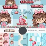 Arte digital com ilustrações de menina, cerejas e padrões xadrez e listrados.