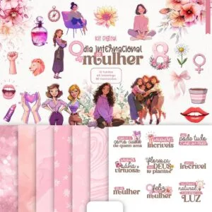 Coleção de arte digital com ilustrações de mulheres, flores e frases em tons pastel.