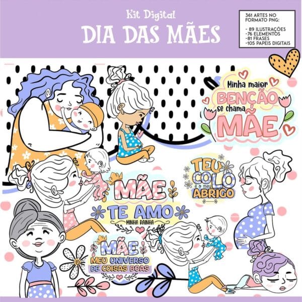 Kit Digital Dia das Mães Frases Ilustrações Elementos Papéis