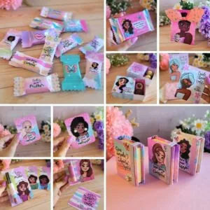 Colagem de artes digitais com mulheres, flores, doces e cartões