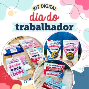 Imagem promocional de kit digital com cartões temáticos e doces para o trabalhador.