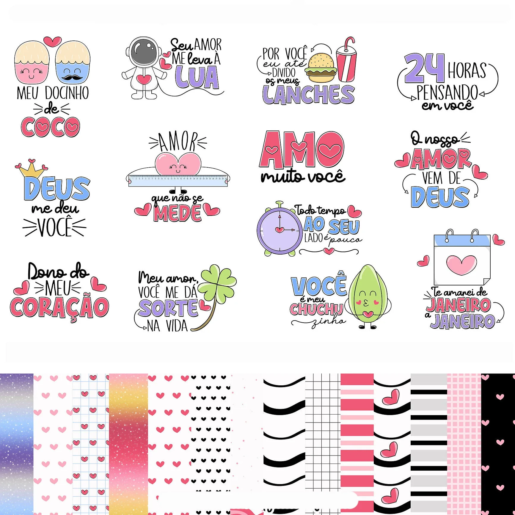 Colagem de adesivos digitais com frases românticas, desenhos fofos e papéis estampados