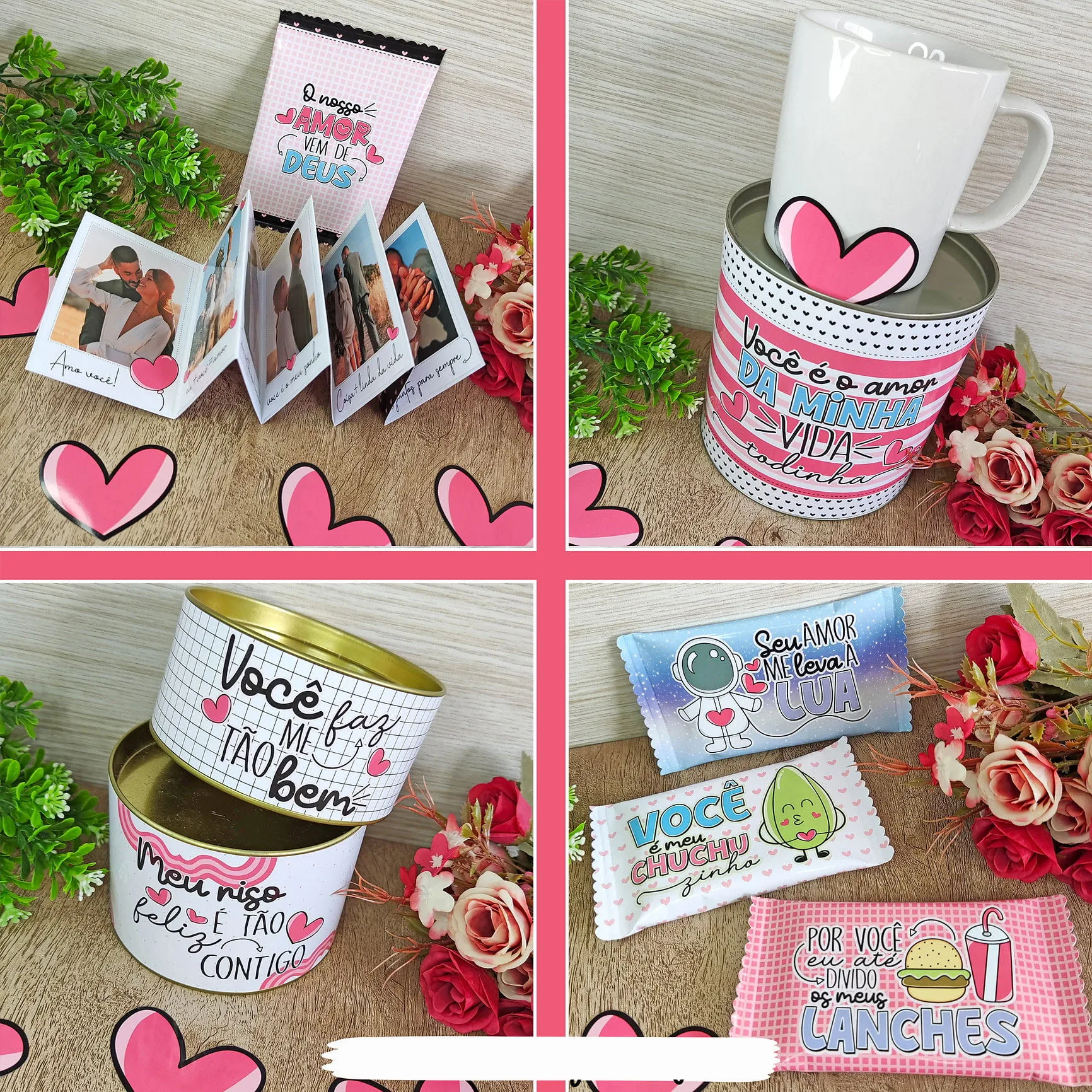 Colagem em quatro partes com álbum de fotos, caneca, latas decoradas e embalagens românticas.