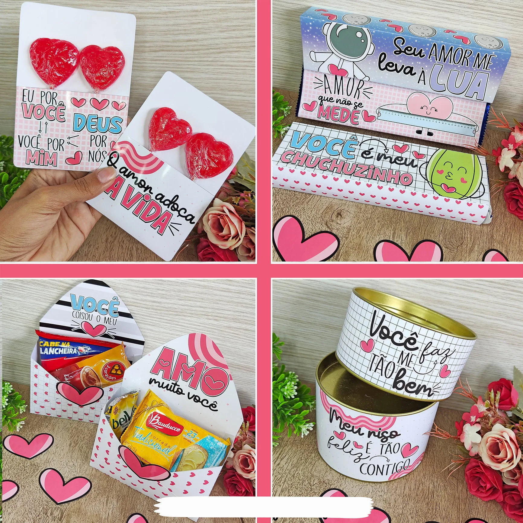 Colagem com quatro cenas de caixas e latas decoradas com corações e mensagens