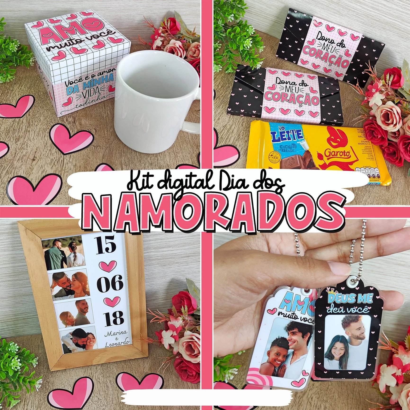 Colagem de kit digital Dia dos Namorados com caixa, caneca e chaveiros