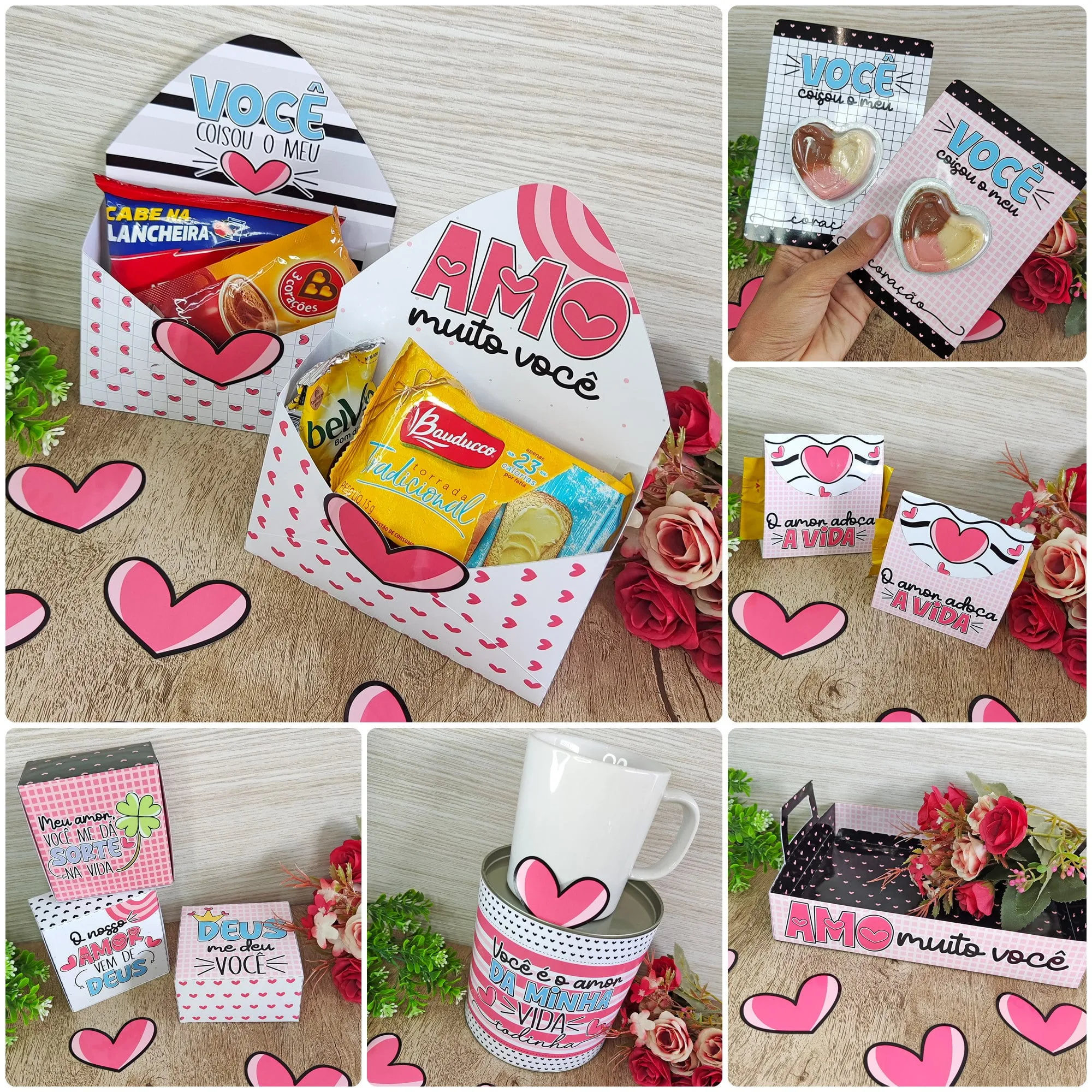 Colagem de caixas decoradas com corações, flores e caneca branca