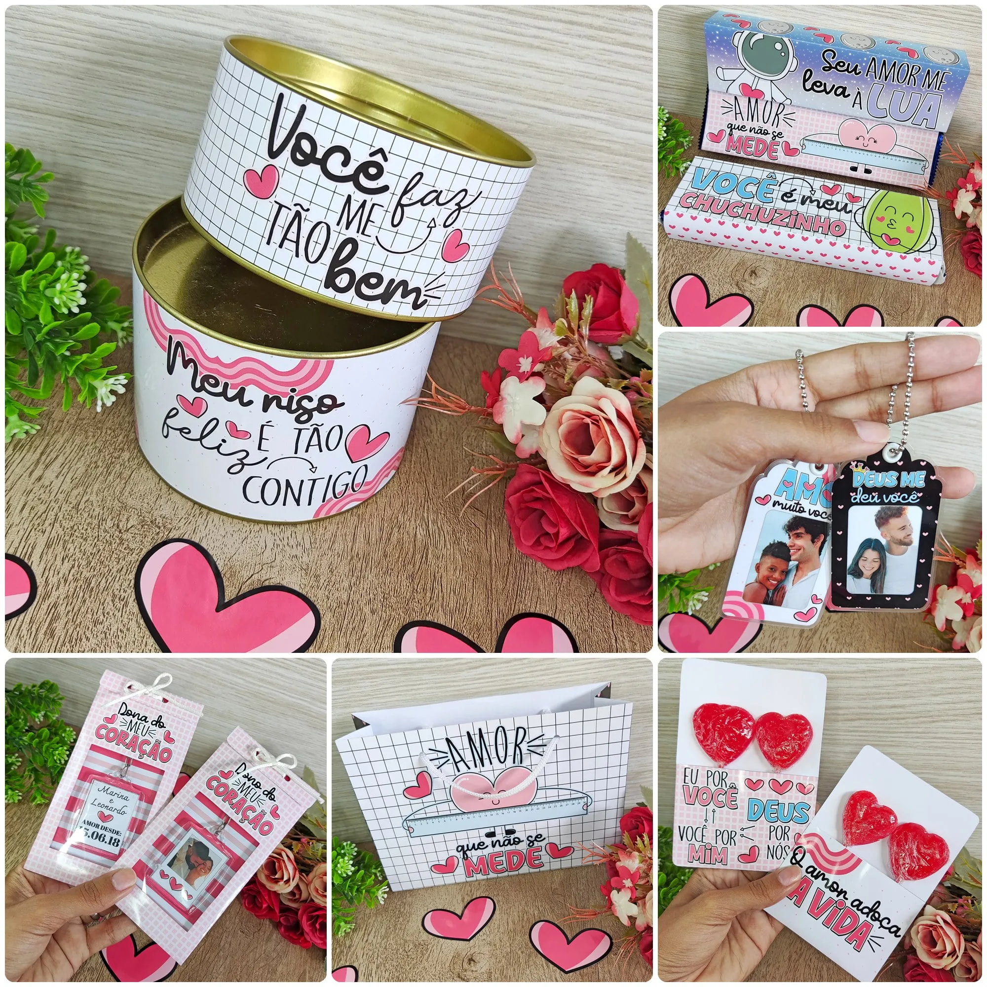 Colagem com latas decoradas, cartões, chaveiros, corações vermelhos e flores.