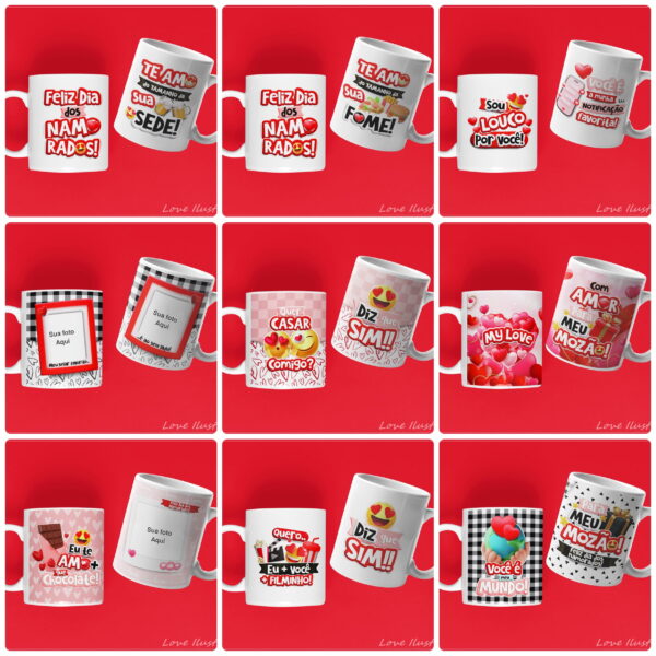 Kit Digital Dia dos Namorados Frases Ilustrações Arte Caneca