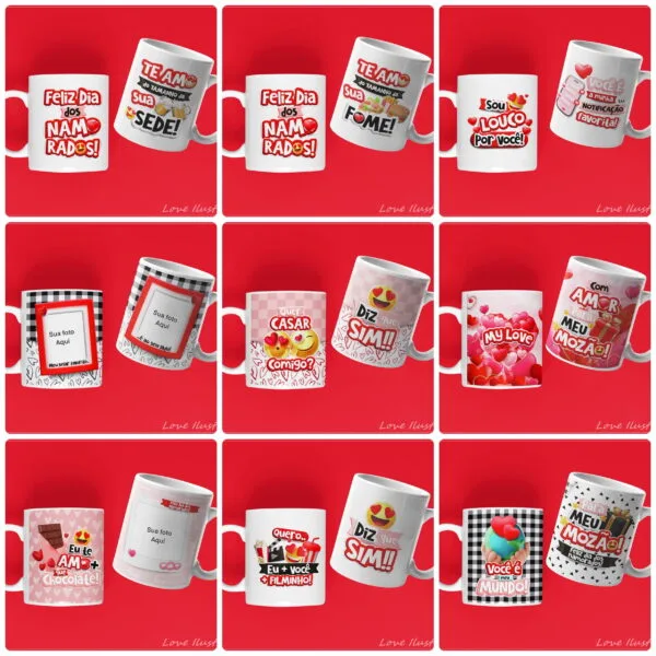 Kit Digital Dia dos Namorados Frases Ilustrações Arte Caneca