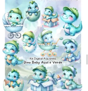 Kit Digital Dino Baby Aquarela em PNG para Festas