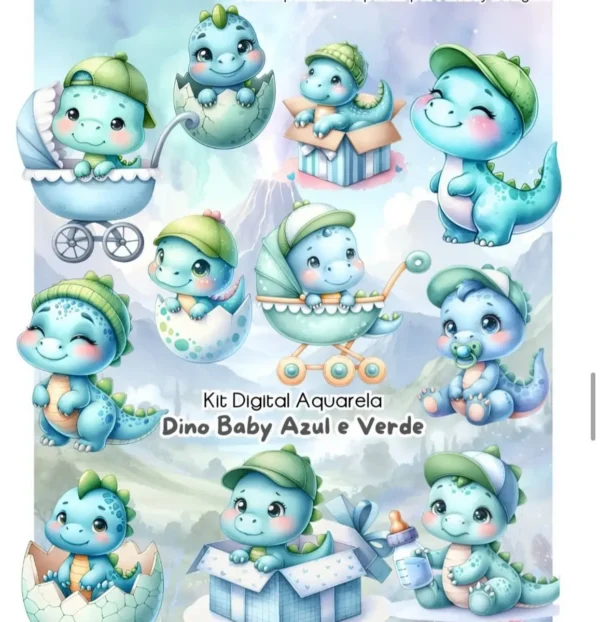 Kit Digital Dino Baby Aquarela em PNG para Festas