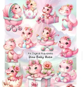 Kit Digital Dinossauro Rosa Aquarela em PNG