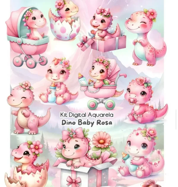 Kit Digital Dinossauro Rosa Aquarela em PNG