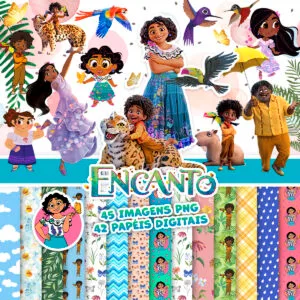 Colagem colorida com personagens, animais e folhas tropicais, além de papéis digitais estampados.