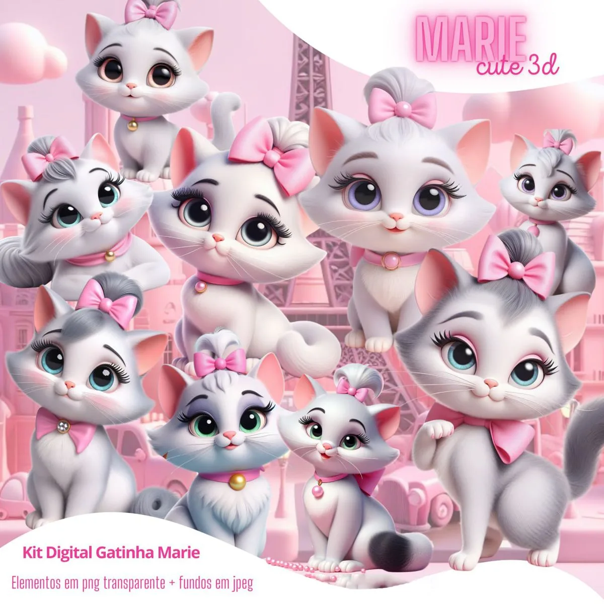 Várias gatinhas fofas em estilo 3D com lacinhos rosa em fundo cor-de-rosa