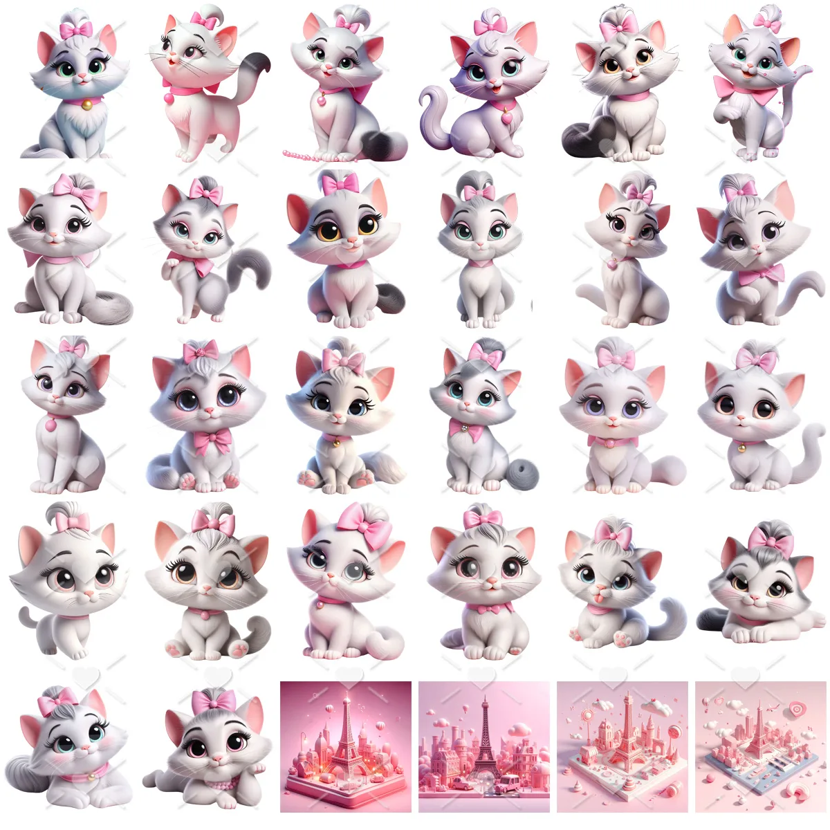 Colagem digital com gatinhos fofos de laços cor-de-rosa e pequenas cenas cor-de-rosa