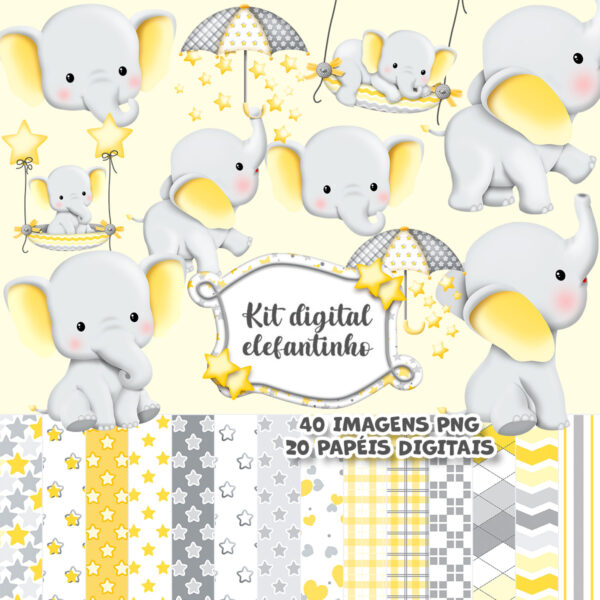 Kit Digital Elefantinho Amarelo Ilustrações Png Cliparts