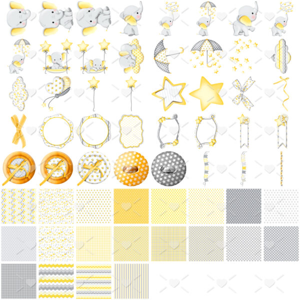 Kit Digital Elefantinho Amarelo Ilustrações Png Cliparts