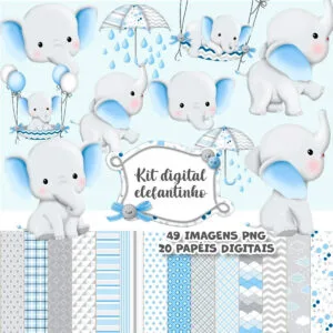 Kit Digital Elefantinho Azul Ilustrações Png Scrap Cliparts