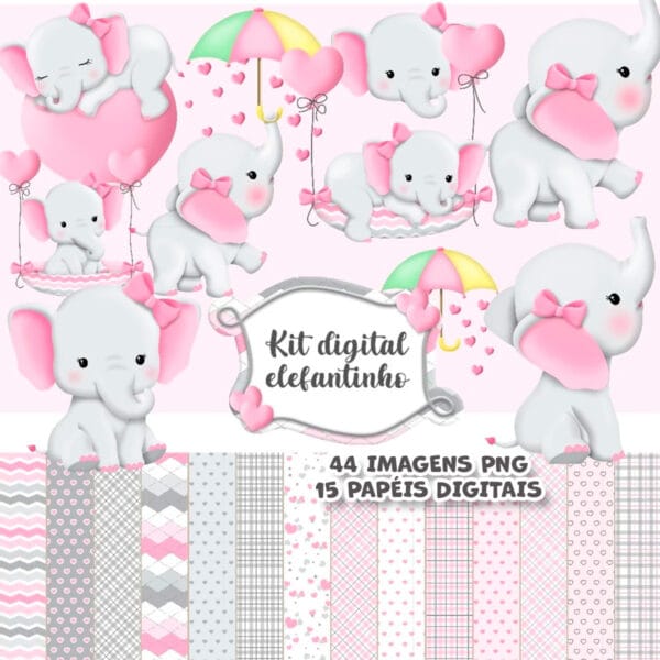Kit Digital Elefantinho Rosa Ilustrações Png Scrap Cliparts