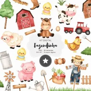 Kit Digital Fazendinha Aquarela Pepeis E Imagens Png 5