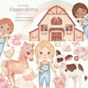 Kit Digital Fazendinha Menina Aquarelado Ilustracoes Png 4