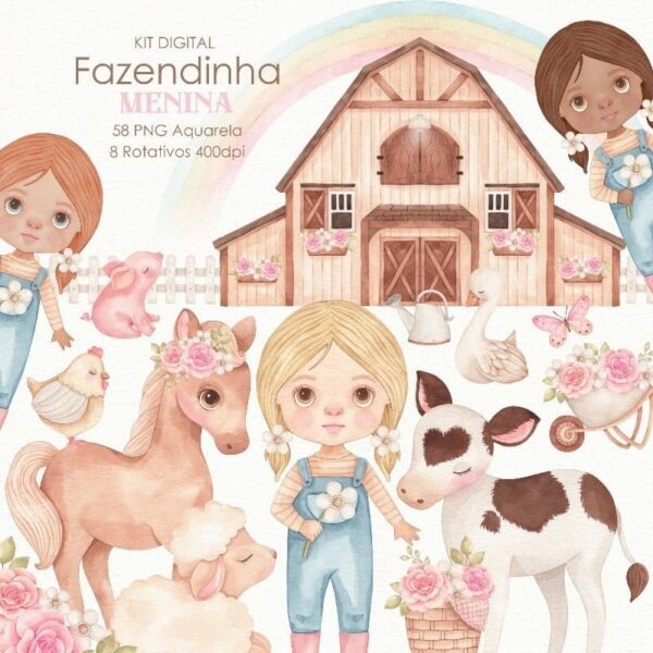 Kit Digital Fazendinha Menina Aquarelado Ilustracoes Png 4