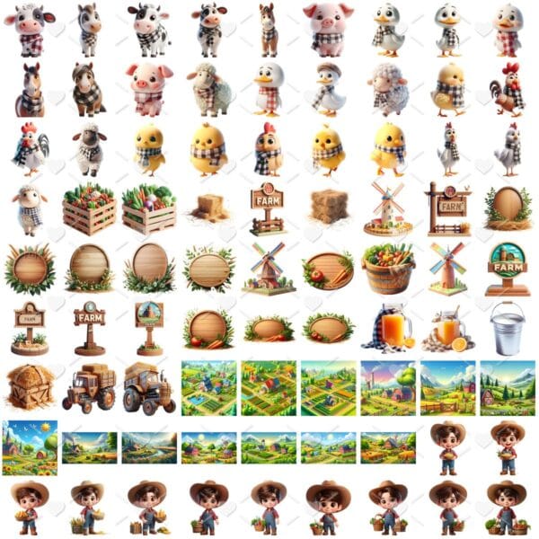 Kit Digital Fazendinha Menino 3D Cute Fofo Ilustrações Png