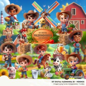 Kit Digital Fazendinha Menino 3D Cute Fofo Ilustrações Png