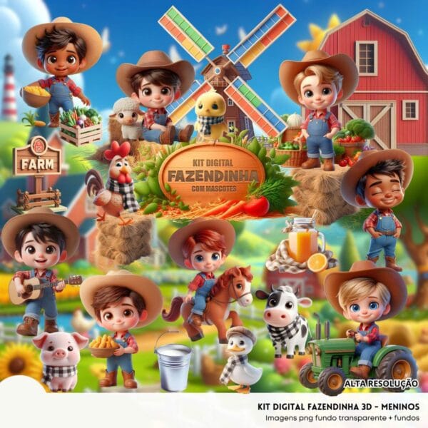 Kit Digital Fazendinha Menino 3D Cute Fofo Ilustrações Png