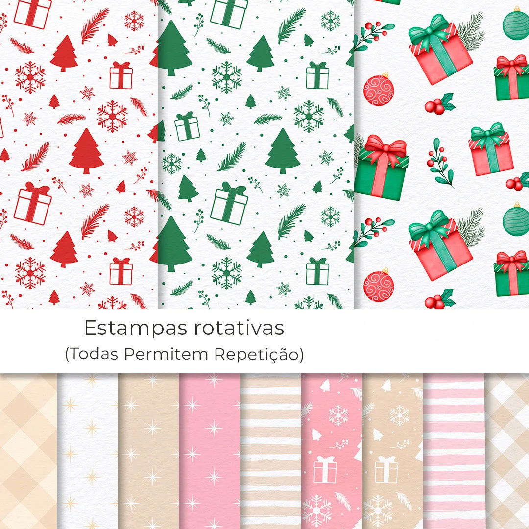 Padrões natalinos vermelhos, verdes e pastéis com árvores, presentes, flocos e texto.