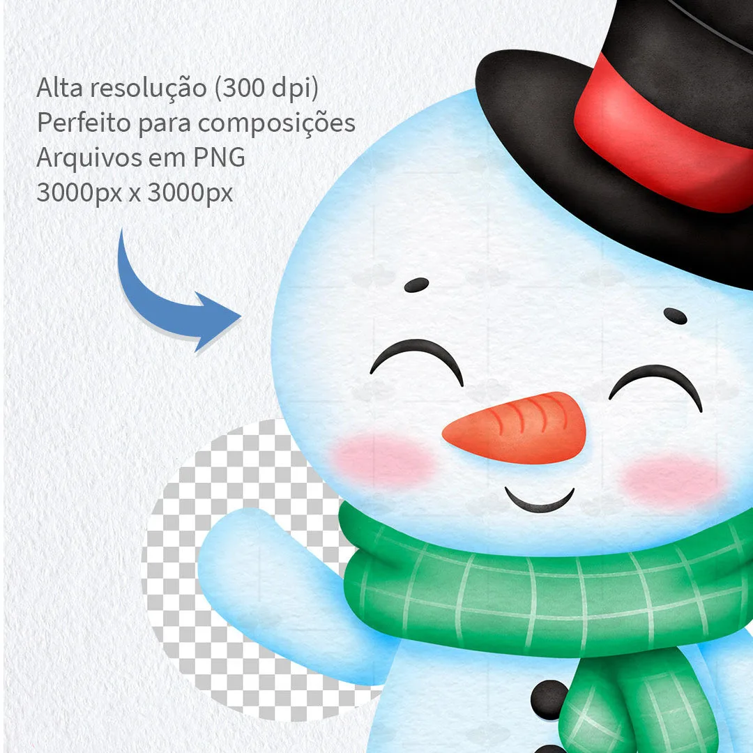 Boneco de neve sorridente com cachecol verde e cartola preta