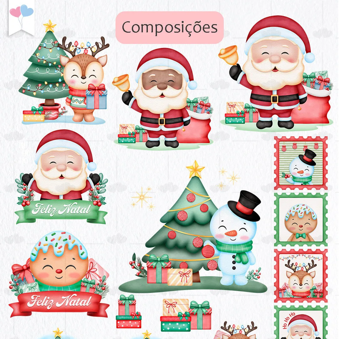 Ilustrações natalinas com Papai Noel, renas, boneco de neve e presentes