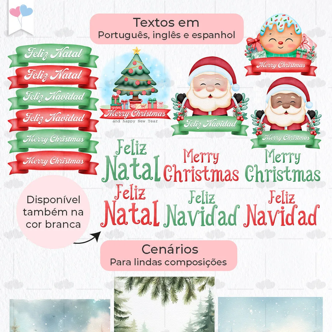 Colagem digital natalina com faixas de texto, figuras de Natal, árvore e cenários.