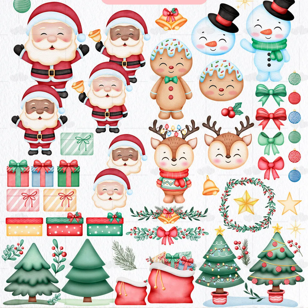 Ilustrações natalinas com Papai Noel, bonecos de neve, renas e presentes