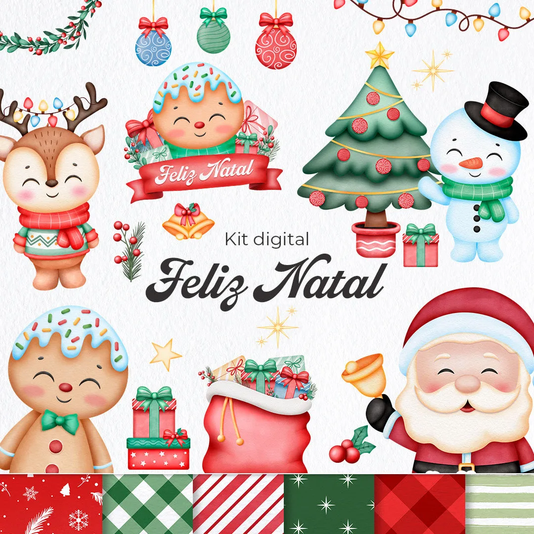 Ilustração natalina com rena, boneco de gengibre, Papai Noel, árvore e presentes em fundo claro.