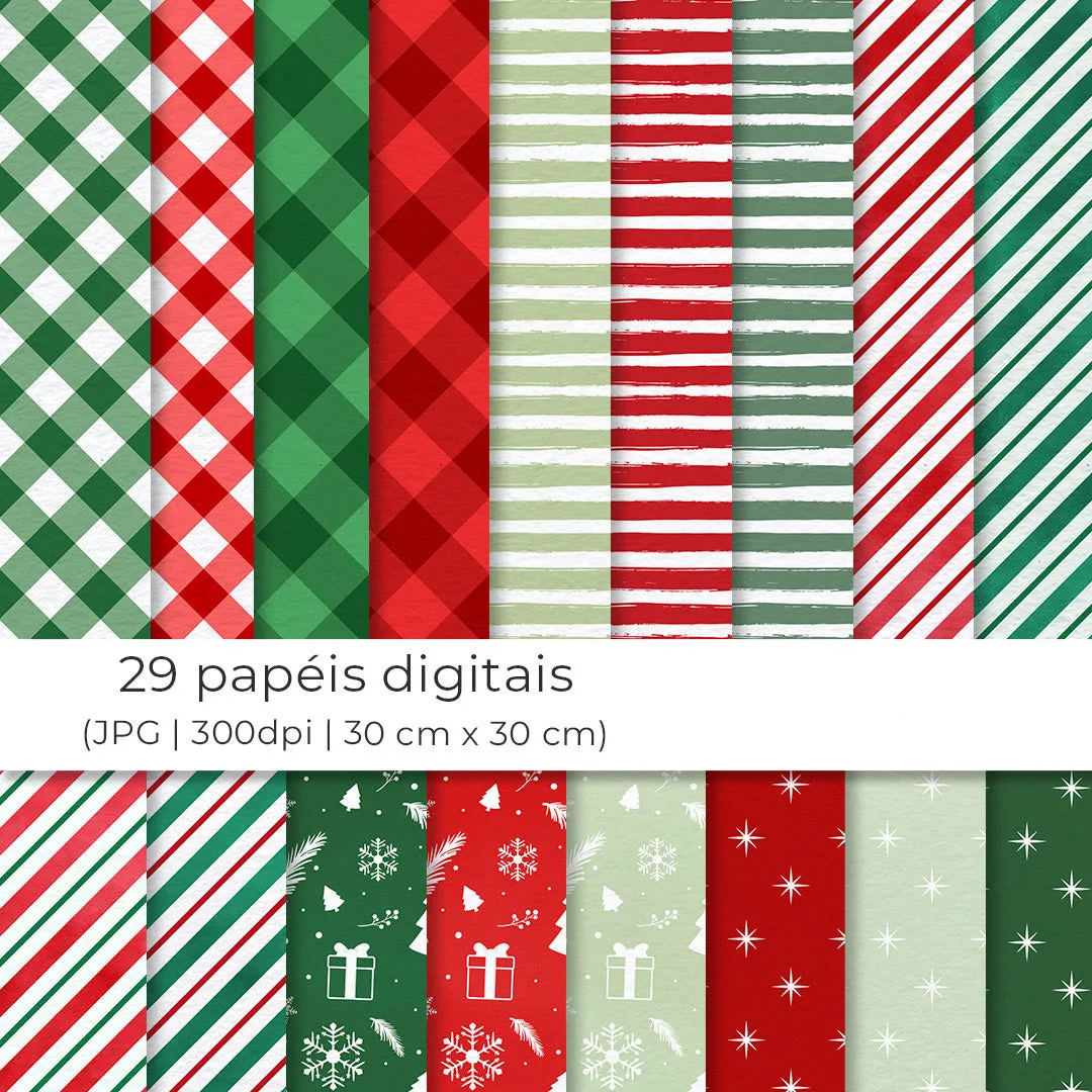 Conjunto de 29 papéis digitais com xadrez listras e motivos natalinos