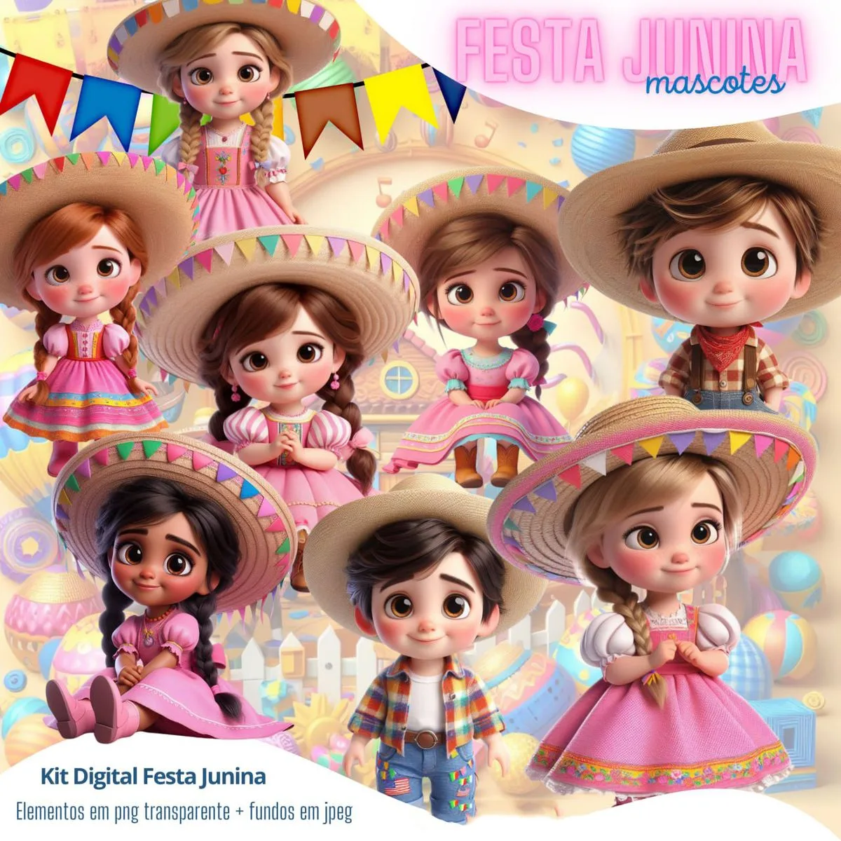 Kit Digital Festa Junina Ilustrações Png Mascotinhos 3D 1 Kit Digital Festa Junina Ilustrações Png Mascotinhos 3D