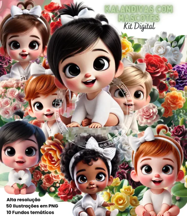 Kit Digital Flores Calandivas e Mascotes em PNG