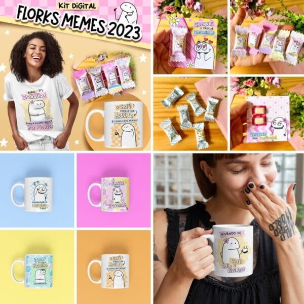 Kit Digital Florks Memes 2023 Caneca Tags Balinha Bloquinhos