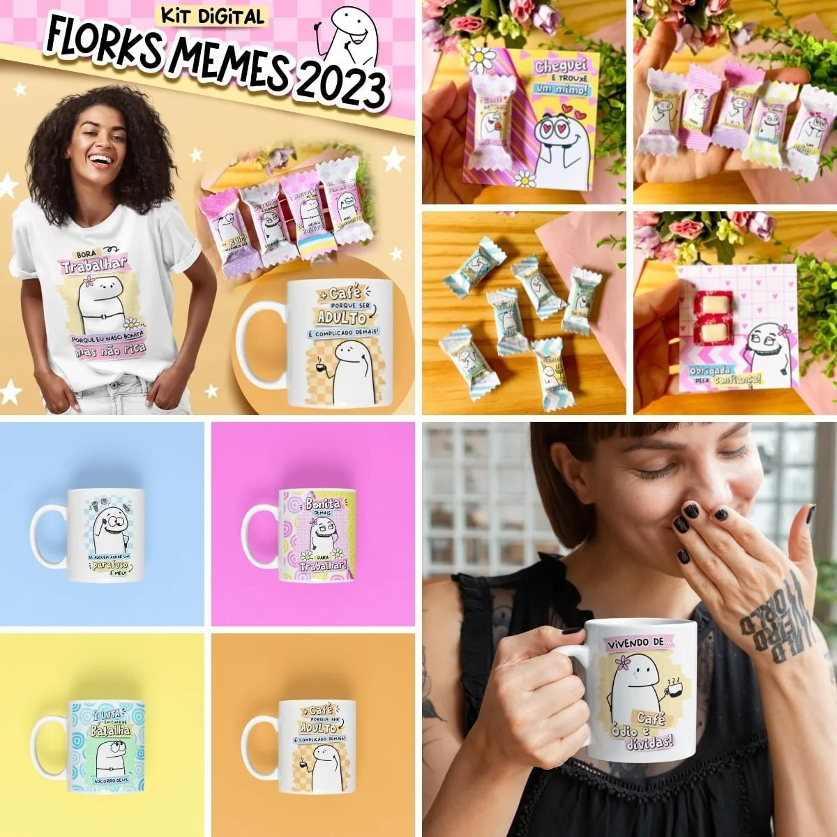 Colagem de arte digital com mulher, canecas, camiseta branca e doces embalados