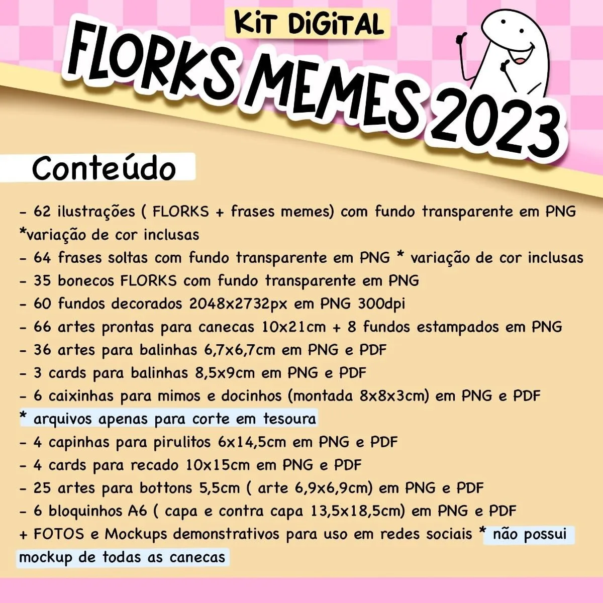 Cartaz digital com lista de conteúdos e personagem branco sorridente